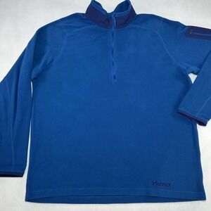 Marmot Polartec Pullover Mens XL Blue 1/4 Zip Fleece Sleeve Pocket Hiking Fish